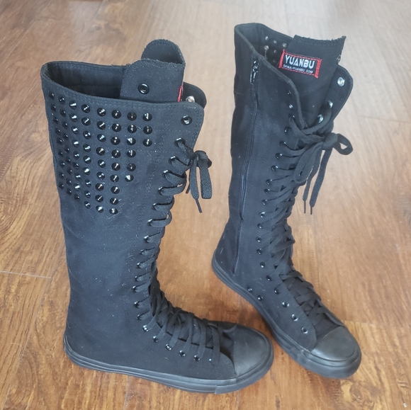 YUANBU ANUFER Sz 11 (43) Punk Style Knee High LaceUp Canvas Sneaker Boots Gothic - Picture 2 of 16